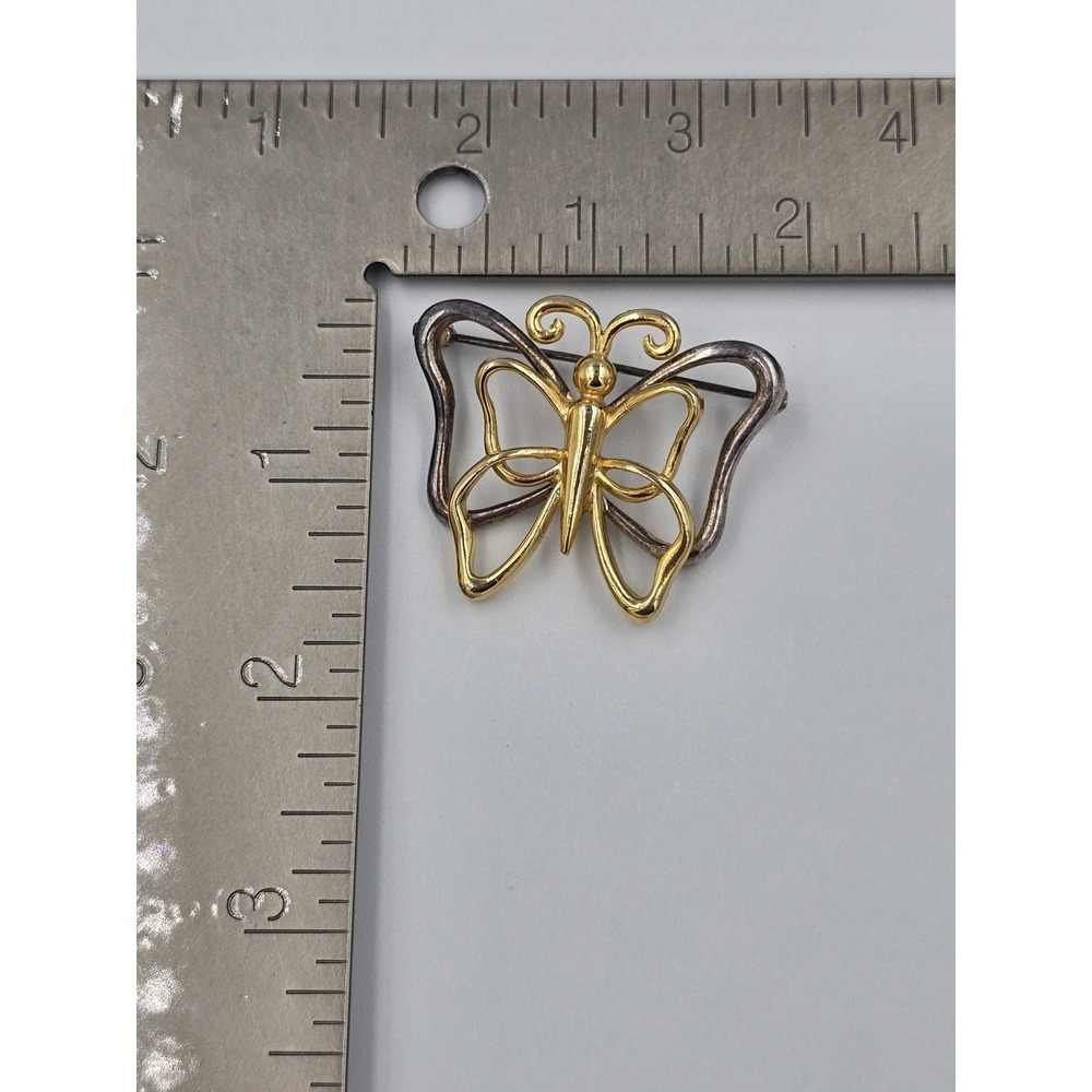 Vintage Two-Tone Butterfly Brooch Gold and Silver Tone Openwork Pin 1.5" - Picture 6 of 6